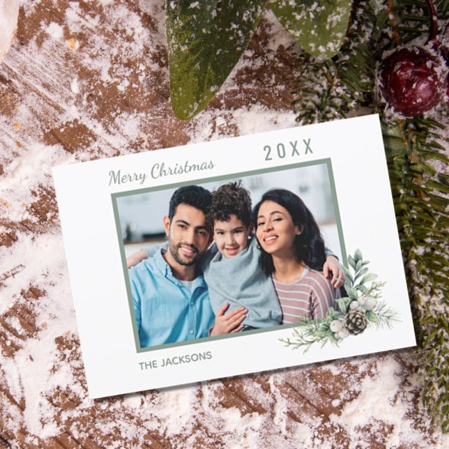 Cartes Pour Fêtes Annuelles Photo de famille de Noël blanc cône pin moderne (Créateur téléchargé)