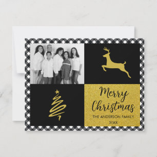 Cartes Pour Fêtes Annuelles Photo de famille de Noël en carreau noir buffle or