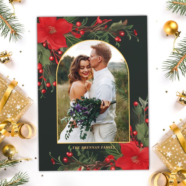 Cartes Pour Fêtes Annuelles Photo de famille de Noël Green Botanical Green (Christmas Family Photo Green Botanical Greenery Holiday Card)