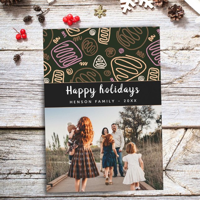 Cartes Pour Fêtes Annuelles Photo de famille de Noël rose festif à trait conti (Créateur téléchargé)