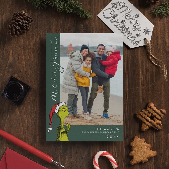 Cartes Pour Fêtes Annuelles Photo de famille Joyeux Grinchmas (Card on table)