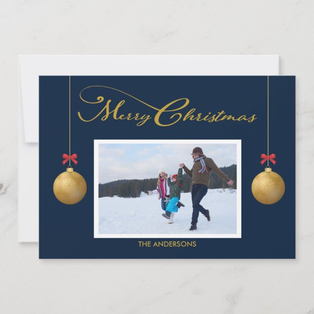Cartes Pour Fêtes Annuelles Photo de famille Joyeux Noël Calligraphie bleu (Devant)