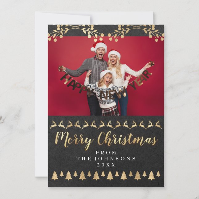 Cartes Pour Fêtes Annuelles Photo de famille Joyeux Noël Gold Kraft Classy (Devant)