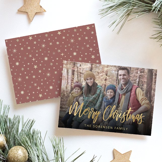 Cartes Pour Fêtes Annuelles Photo de famille Joyeux Noël Gold Script (Créateur téléchargé)