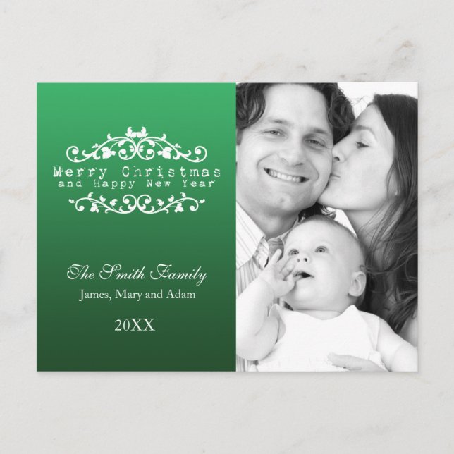 Cartes Pour Fêtes Annuelles Photo de famille Joyeux Noël Vert ornemental (Devant)