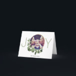 Cartes Pour Fêtes Annuelles Photo de famille minimaliste de Noël de la joie |<br><div class="desc">Écartez la "joie" cette saison avec ce design de carte moderne et minimaliste de Noël. Le bel anneau d'or est délicatement décoré du feuille vert et des fleurs blanches. Personnalisez les noms,  la salutation,  l'adresse et la photo avec vos propres.</div>