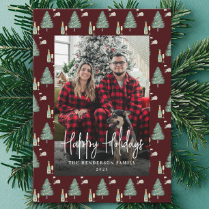 Cartes Pour Fêtes Annuelles Photo de famille moderne de Noël avec arbre, vin e