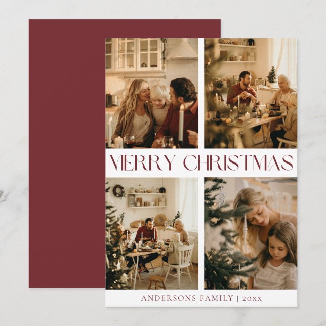 Cartes Pour Fêtes Annuelles Photo de famille moderne élégante Rouge Noël minim (Devant / Derrière)