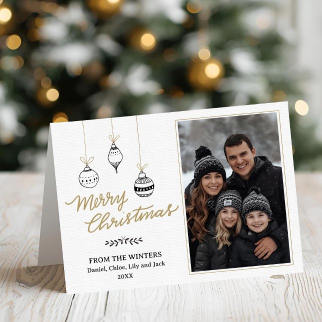 Cartes Pour Fêtes Annuelles Photo de famille moderne noir et or (Modern Minimalist Black and Gold Hand-Drawn Christmas Baubles Family Photo Folded Christmas Card
)