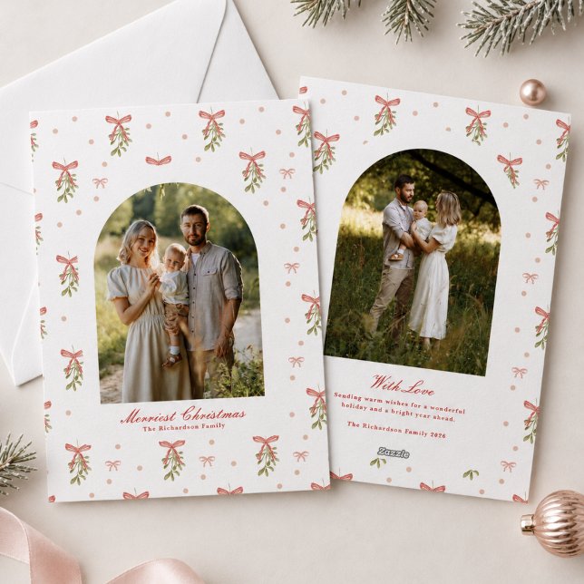 Cartes Pour Fêtes Annuelles Photo de famille Noël Blanc Ruban Rouge Verdure (Créateur téléchargé)
