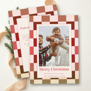 Cartes Pour Fêtes Annuelles Photo de famille Noël Damier Rétro Rouge Rose