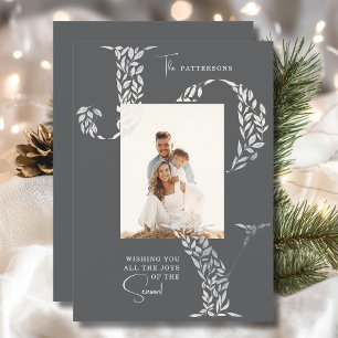 Cartes Pour Fêtes Annuelles Photo de famille Noël Élégant Joie Floral Argenté