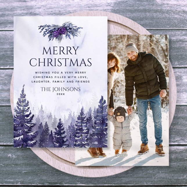 Cartes Pour Fêtes Annuelles Photo de forêt de pins à l'aquarelle violette pour (Purple Watercolor Pine Tree Forest Photo Christmas Holiday Card
)