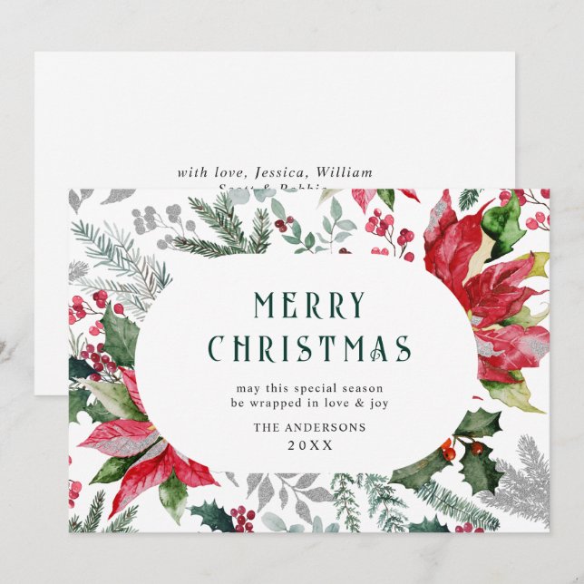 Cartes Pour Fêtes Annuelles Photo de gui de Noël avec poinsettia festif (Devant / Derrière)
