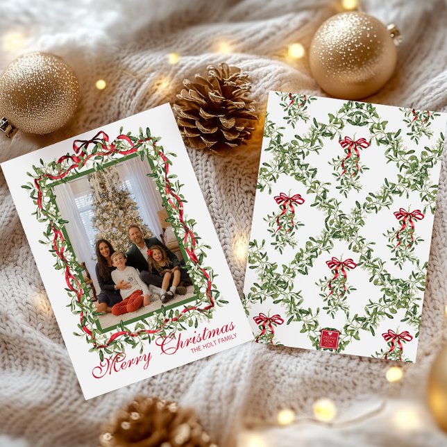 Cartes Pour Fêtes Annuelles Photo de guirlande de gui à ruban rouge aquarelle (Créateur téléchargé)