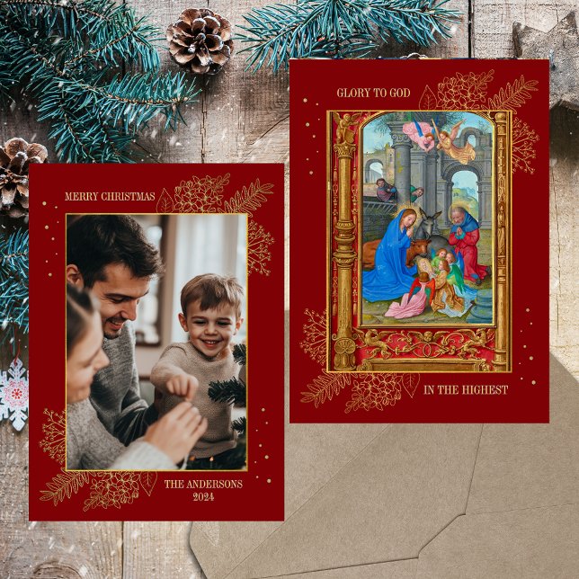 Cartes Pour Fêtes Annuelles Photo de la famille de Noël catholique (Nativity Scene Medieval Religious Christian Catholic Red  Gold Elegant Photo Christmas Card)