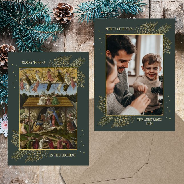 Cartes Pour Fêtes Annuelles Photo de la famille de Noël catholique (Religious Christian Catholic Classic Vintage Gold Elegant Custom Family Photo Christmas Holiday Card)