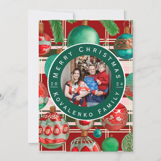Cartes Pour Fêtes Annuelles Photo de la famille de Noël verte personnalisée (Devant)