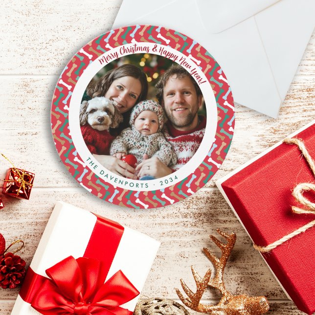 Cartes Pour Fêtes Annuelles Photo de la famille des Motifs d'os de chiens roug (Modern Red & Teal Dog Bone Pattern Family Photo Holiday Card)
