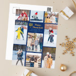Cartes Pour Fêtes Annuelles Photo de la famille Hanoukka moderne Collage Blue<br><div class="desc">Chic personnalisable famille juive photo collage Hanoukka carte postale avec une collection de photos d'hiver. Ajoutez 9 de vos souvenirs préférés de Chanoukah sur cette page moderne de 9 photos autour d'une menorah et d'un script d'or. Joyeuses cartes postales Hanoukka.</div>