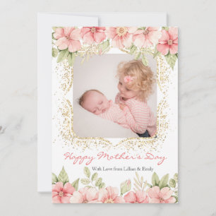 Cartes Pour Fêtes Annuelles Photo de la Fête des Mères à cadre d'or rose pâle