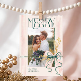 Cartes Pour Fêtes Annuelles Photo de mariage de Noël avec un nœud vert Merry &