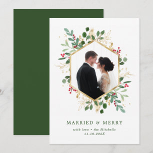 Cartes Pour Fêtes Annuelles Photo de mariage géométrique avec verdure dorée et