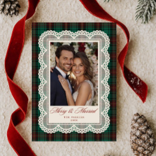 Cartes Pour Fêtes Annuelles Photo de mariage joyeux et vert avec cadre en dent