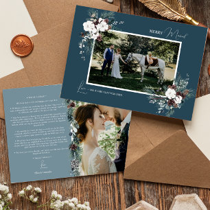 Cartes Pour Fêtes Annuelles Photo de mariage joyeux vintage avec verdure bleu