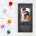 Cartes Pour Fêtes Annuelles Photo de Merry Christmas Rustic Black Chalkboard<br><div class="desc">Send your Christmas wishes with a whimsical and chic holiday photo card. A solive main-drawn white chalk doodle border with stars and snowflakes frames your vertical. Includes a black board background.</div>