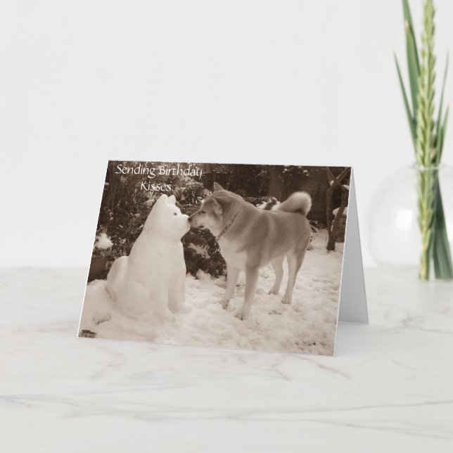 Cartes Pour Fêtes Annuelles photo de mignon akita baiser bonhomme de neige chi (Devant)