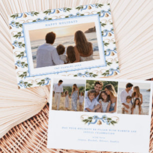 Cartes Pour Fêtes Annuelles Photo de motif bleu or de guirlande côtière