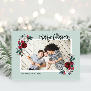 Cartes Pour Fêtes Annuelles Photo de Noël 2 de houx et de pin pliée