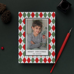 Cartes Pour Fêtes Annuelles Photo de Noël à carreaux argyle rouge et vert