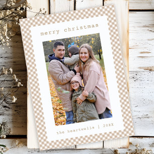 Cartes Pour Fêtes Annuelles Photo de Noël à carreaux Gingham beige neutre