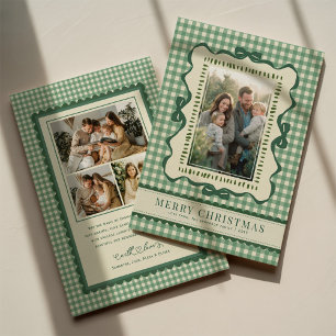 Cartes Pour Fêtes Annuelles Photo de Noël à carreaux rétro avec un ruban vert