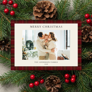 Cartes Pour Fêtes Annuelles Photo de Noël à carreaux rouges minimaliste classi