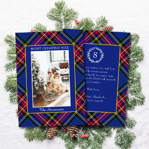Cartes Pour Fêtes Annuelles Photo de Noël à carreaux tartan rouge bleu or clas