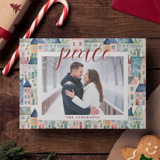 Cartes Pour Fêtes Annuelles Photo de Noël Aquarelle Maisons horizontales (Créateur téléchargé)