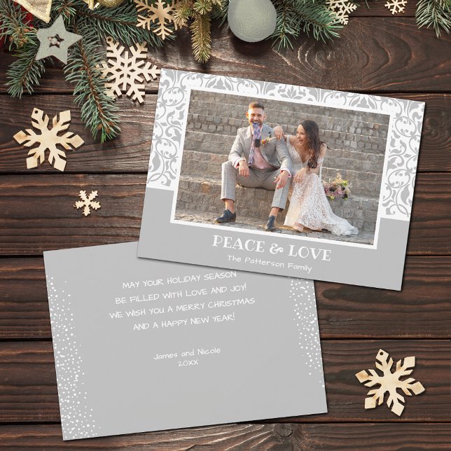 Cartes Pour Fêtes Annuelles Photo de Noël argent et blanc Damas (Silver grey and white damask design Christmas photo holiday cards, PRINTED and/or INSTANT DOWNLOAD)