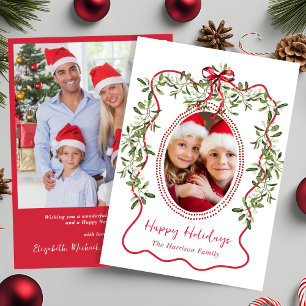 Cartes Pour Fêtes Annuelles Photo de Noël avec cadre ondulé rouge et verdure à