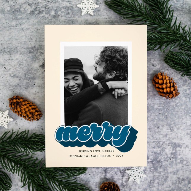Cartes Pour Fêtes Annuelles Photo de Noël avec écriture rétro bleue Merry (Créateur téléchargé)