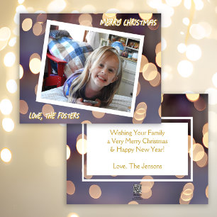 Cartes Pour Fêtes Annuelles Photo de Noël avec effets de bokeh bleus et dorés