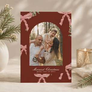 Cartes Pour Fêtes Annuelles Photo de Noël avec ruban rose prépa et verdure rou
