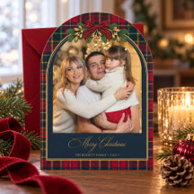 Photo de Noël avec ruban rouge et tartan marine