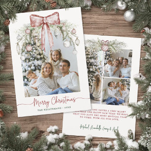 Cartes Pour Fêtes Annuelles Photo de Noël avec ruban rouge et verdure aquarell