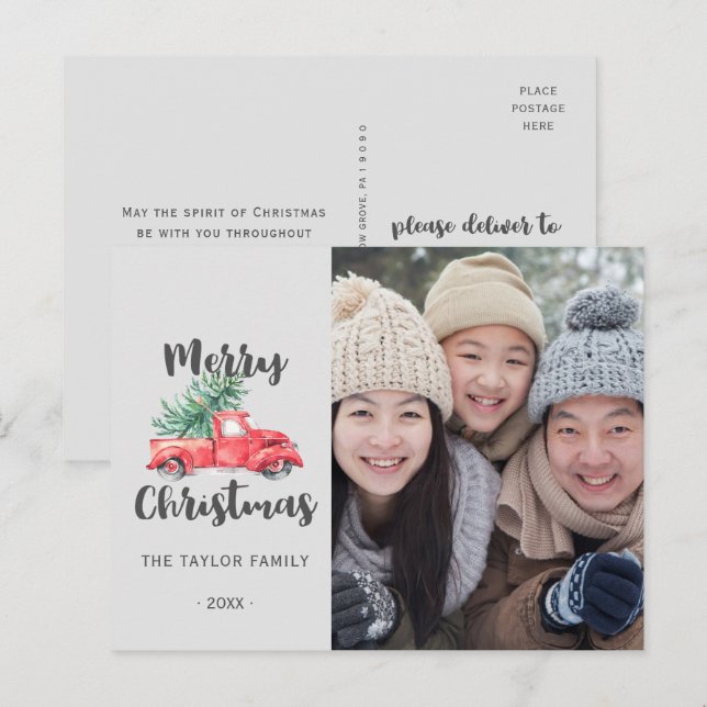 Cartes Pour Fêtes Annuelles Photo de Noël avec un camion rouge et un sapin (Devant / Derrière)