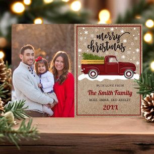 Cartes Pour Fêtes Annuelles Photo de Noël avec un camion rouge vintage et un s