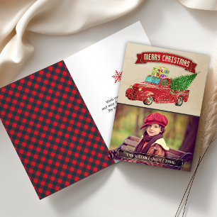 Cartes Pour Fêtes Annuelles Photo de Noël avec un vieux pick-up rouge