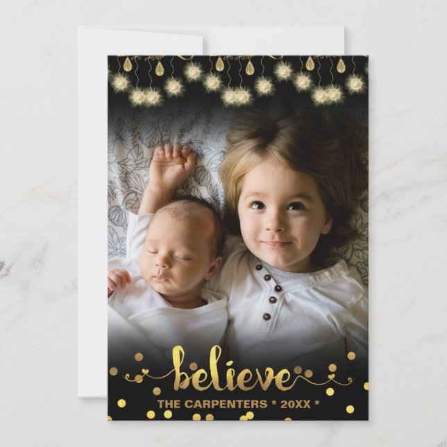Cartes Pour Fêtes Annuelles Photo de Noël BELIEVE Gold Feux (Devant)